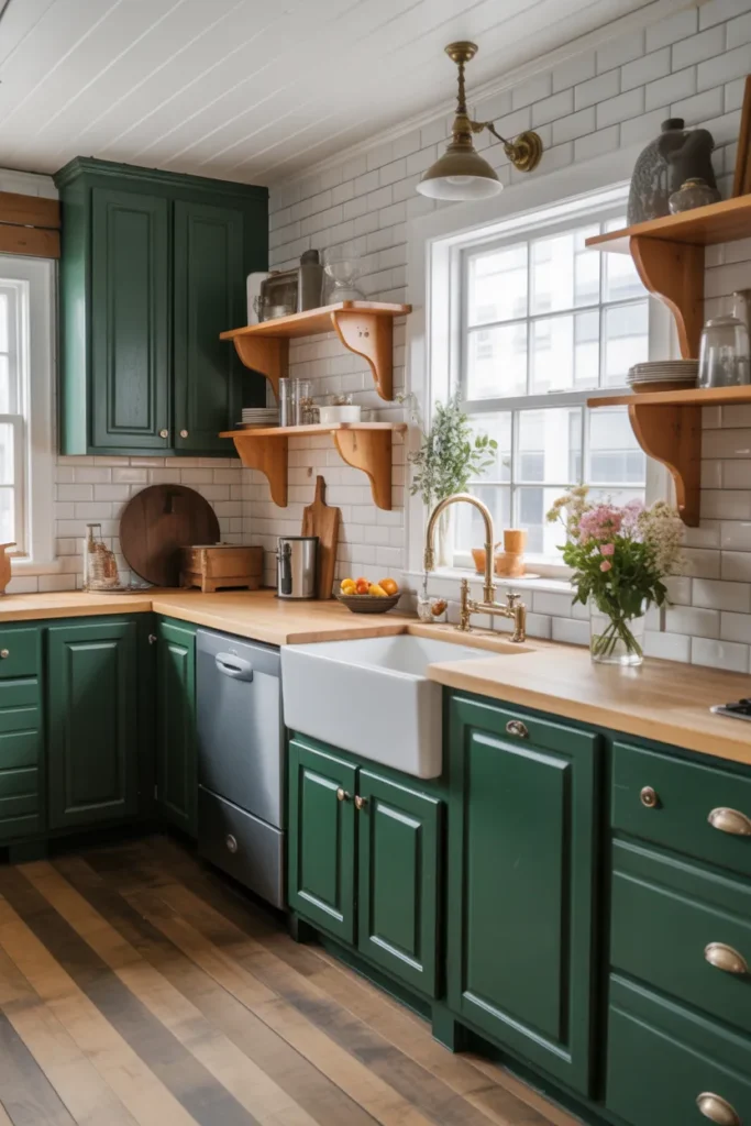 Dark Green Cabinets with a Farmhouse Sink