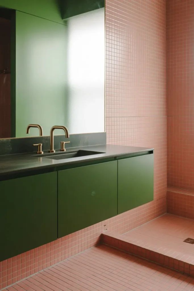 Pink Penny Tiles with Green Floating Vanity