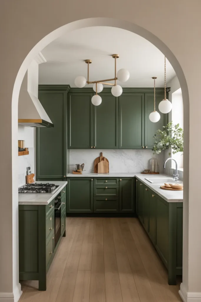 Dark Green Cabinets with Arched Doorways