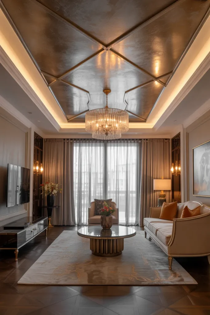 Elegant False Ceiling with Metallic Finishes