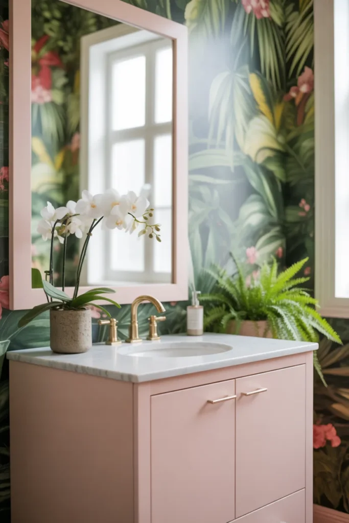 Tropical Green Wallpaper with Pink Vanity