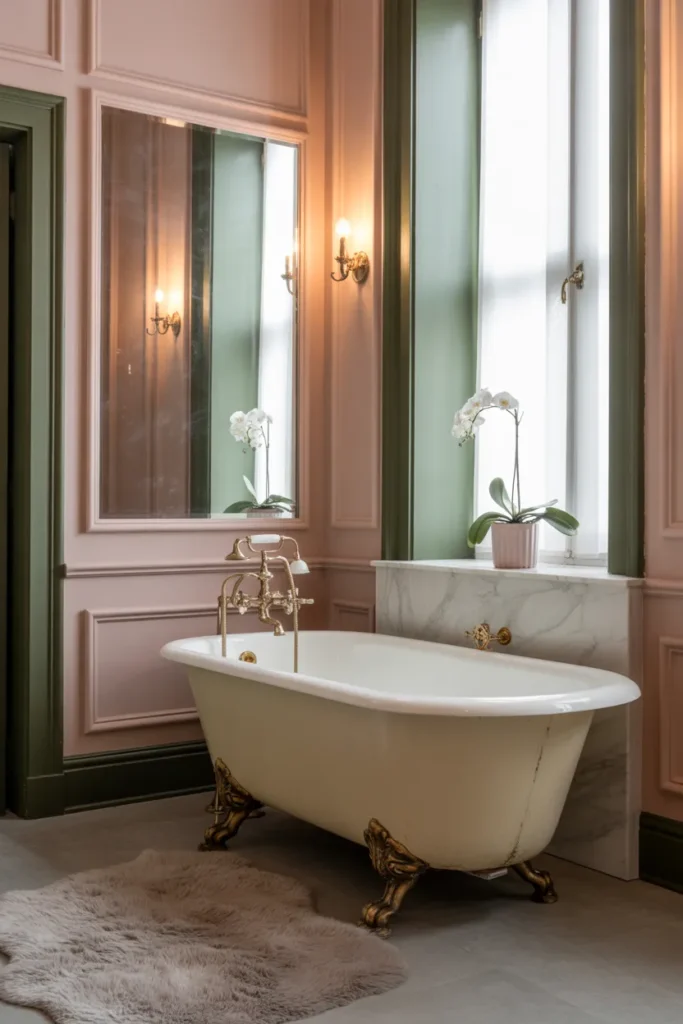 Blush Pink Paneling with Dark Green Trim