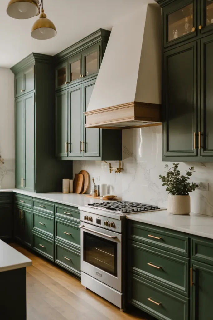 Dark Green Cabinets with a Statement Range Hood