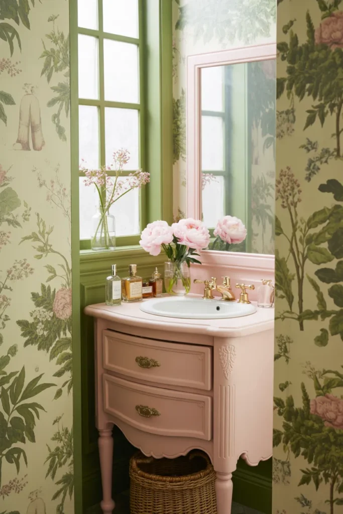 Botanical Wallpaper with Pink and Green Details