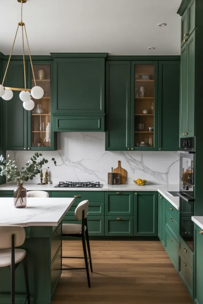 Dark Green Cabinets with Marble Countertops