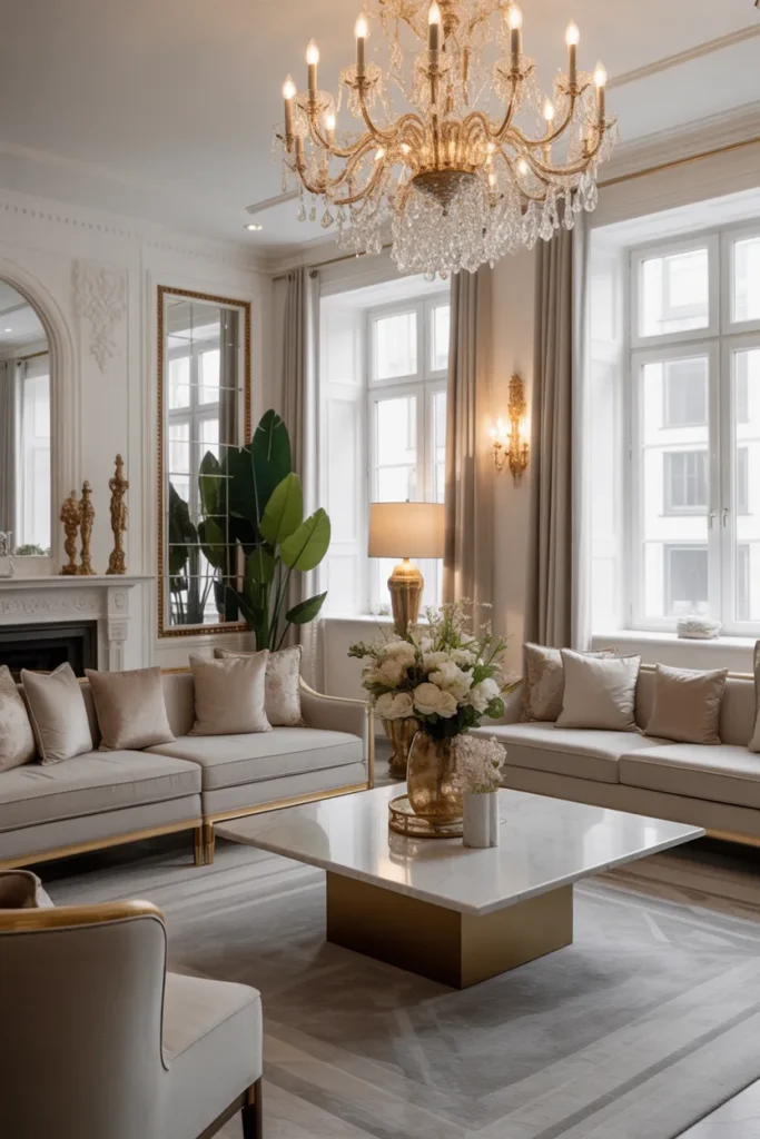   Elegant Living Room With Statement Lighting
