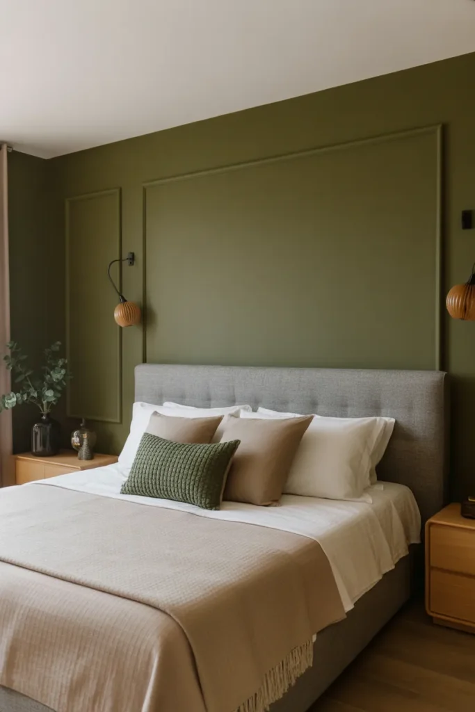  Olive Green Accent Wall and Gray Furniture