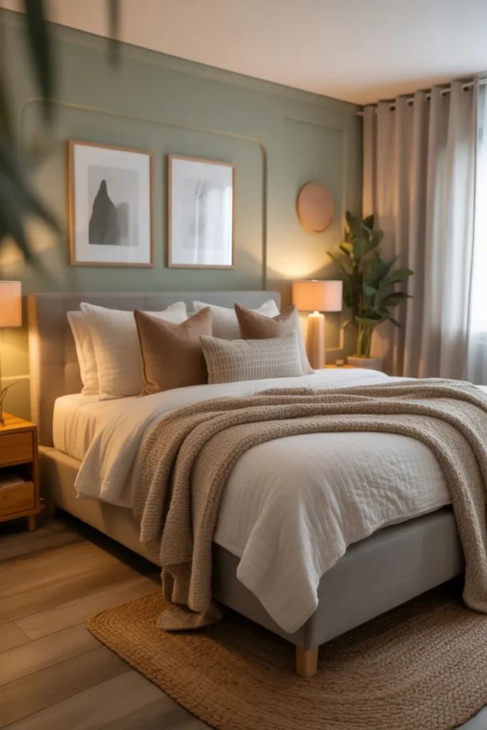  Cozy Green and Gray Bedroom With Layered Textures