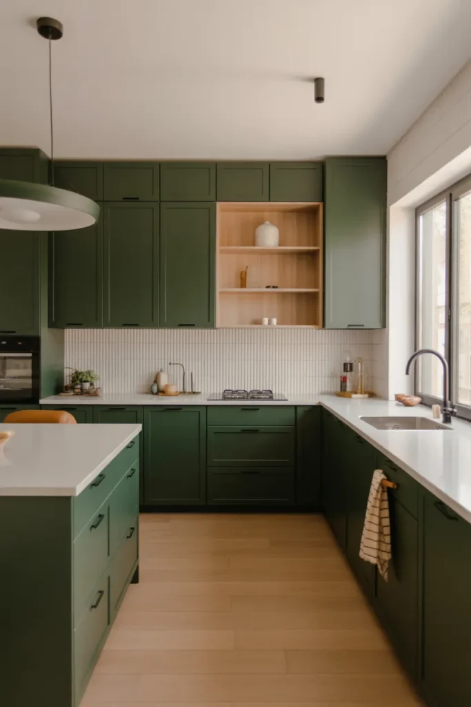 Dark Green Cabinets with Black Hardware
