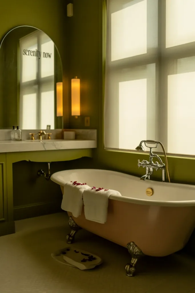 Dusty Pink Vanity with Olive Green Walls