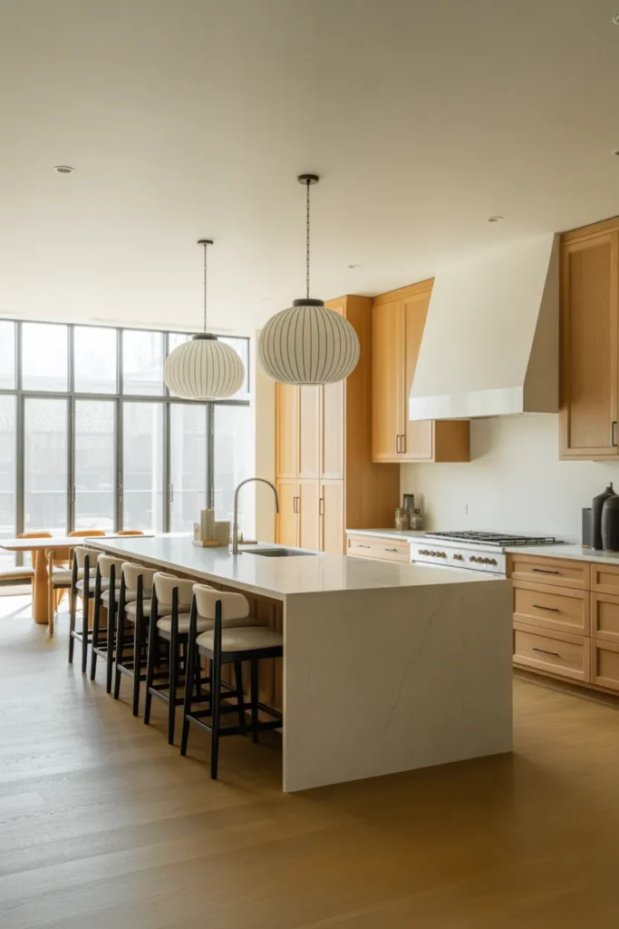  White Oak Cabinets with a Large Waterfall Island