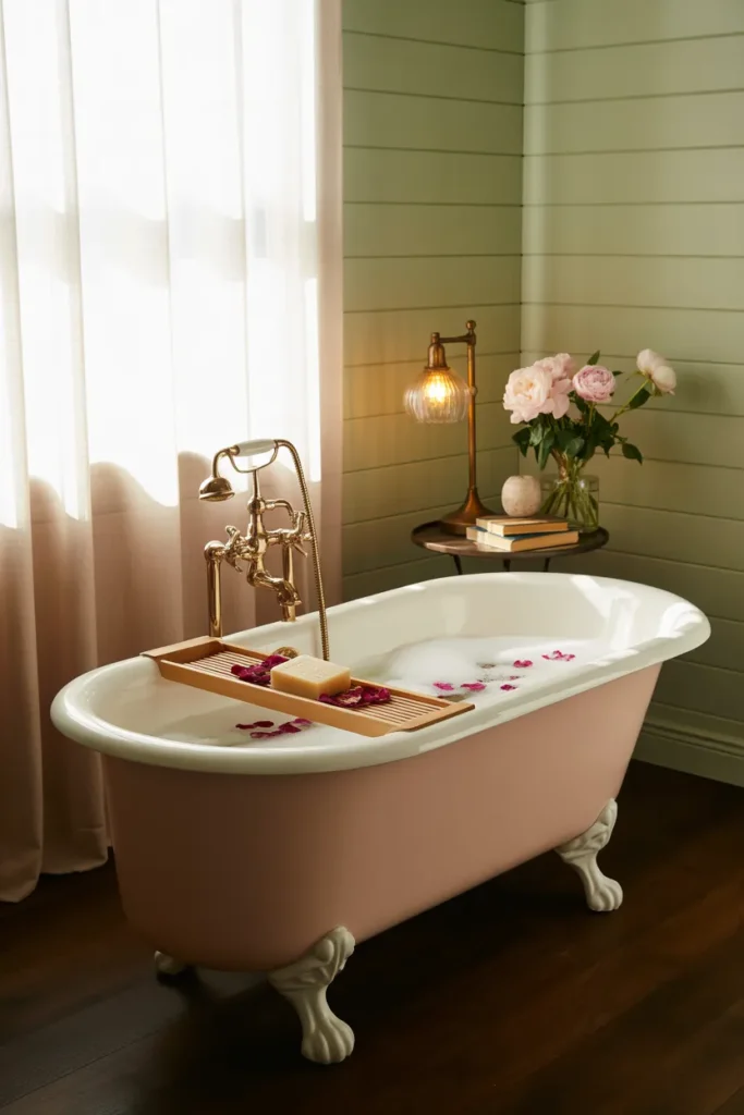 Pink Freestanding Tub with Green Shiplap Walls