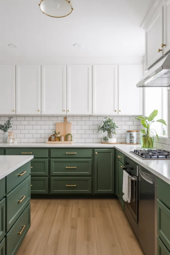 Two-Tone Dark Green and White Kitchen Cabinets