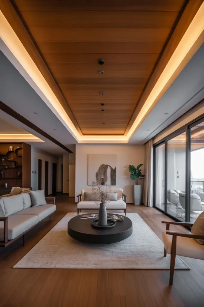 Wooden False Ceiling with Recessed Ambient Lighting
