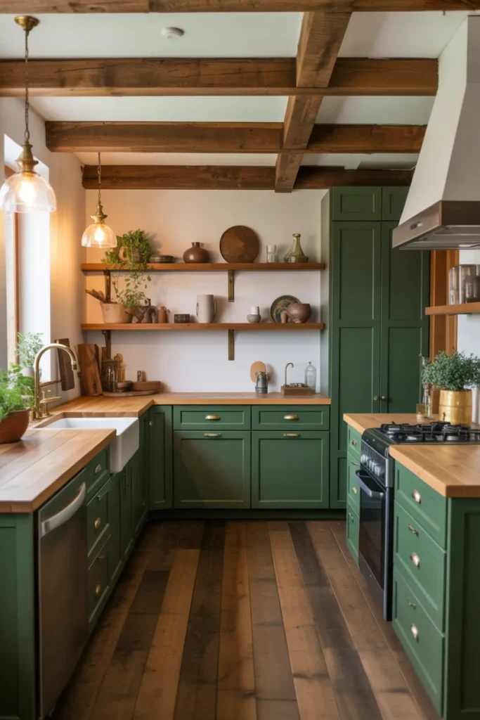 Dark Green Cabinets with Rustic Wood Beams