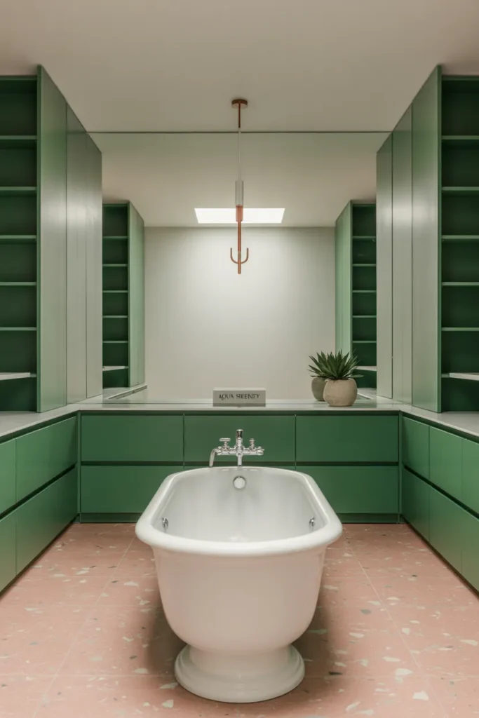 Pink Terrazzo Tiles and Green Cabinetry