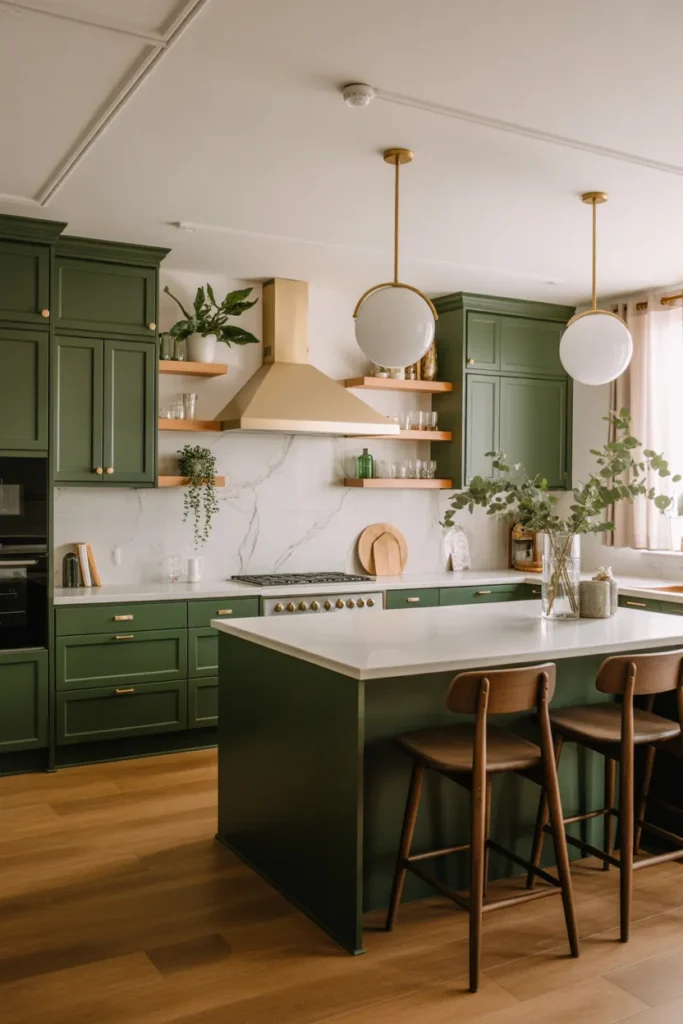 Dark Green Cabinets with Gold Hardware