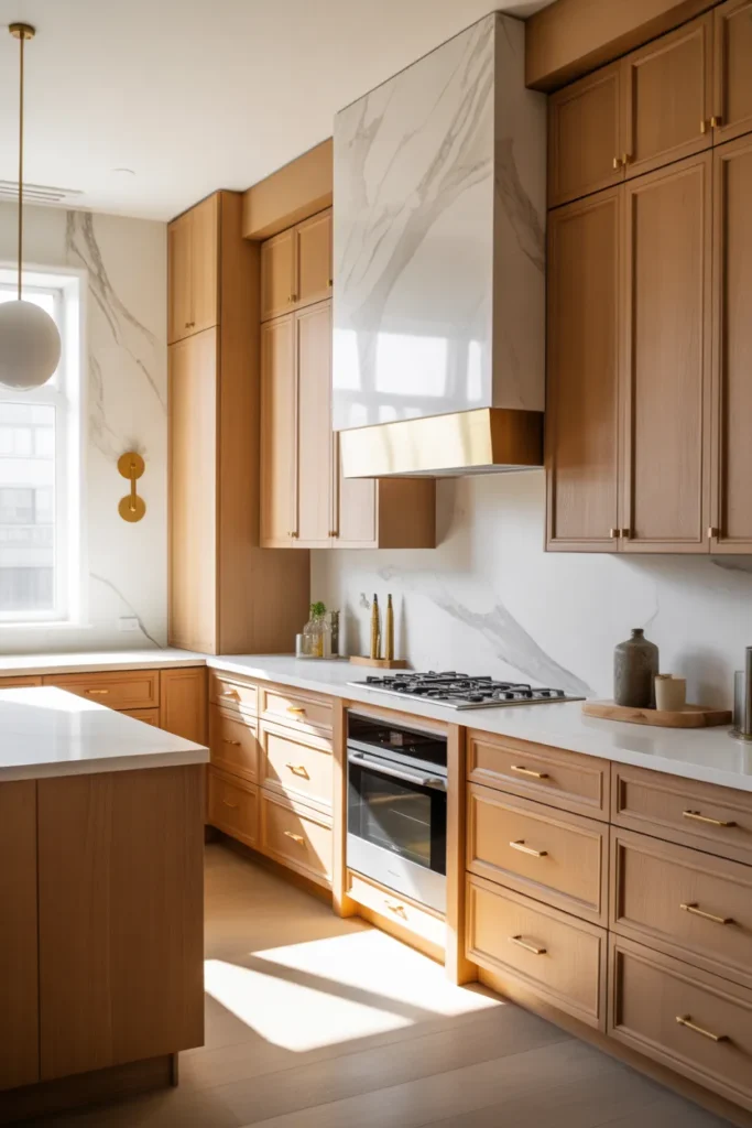  White Oak Cabinets with a Full-Height Stone Backsplash