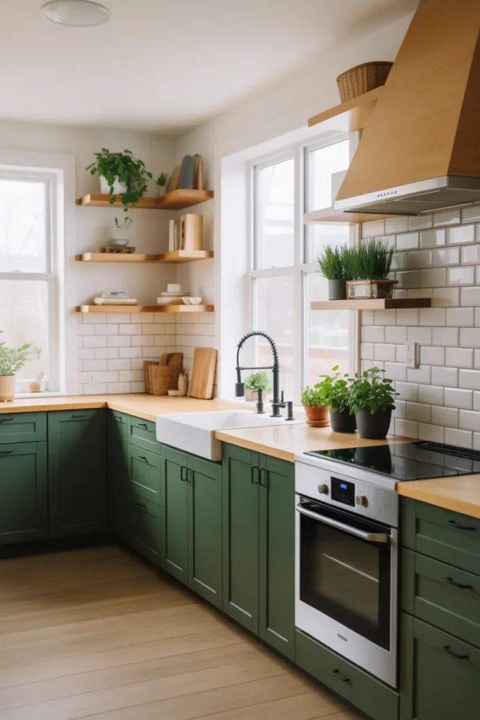 Dark Green Cabinets with Open Wooden Shelving