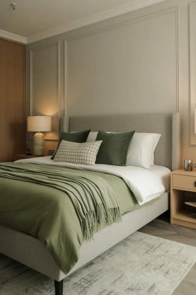  Gray Upholstered Bed With Green Accents