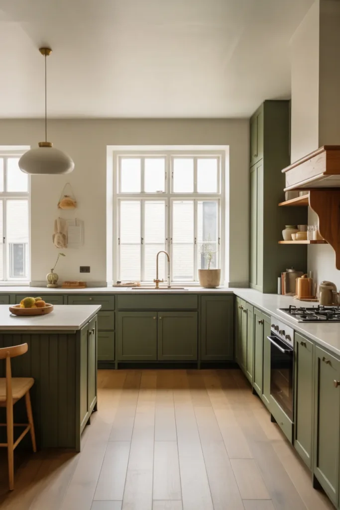 Dark Green Cabinets with Light Oak Flooring