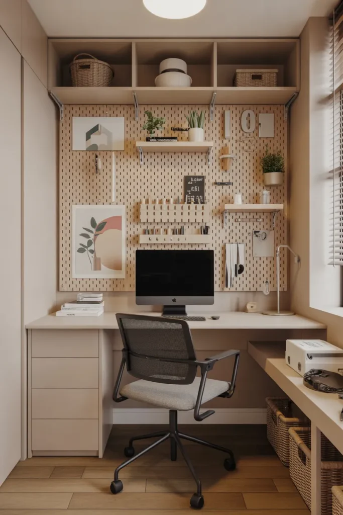   Modern Office with Pegboard Wall Storage