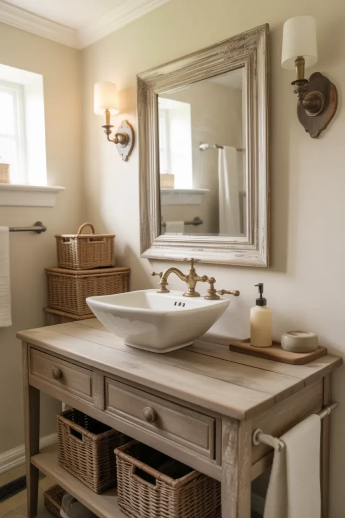 Antique Wood Vanity with Vessel Sink