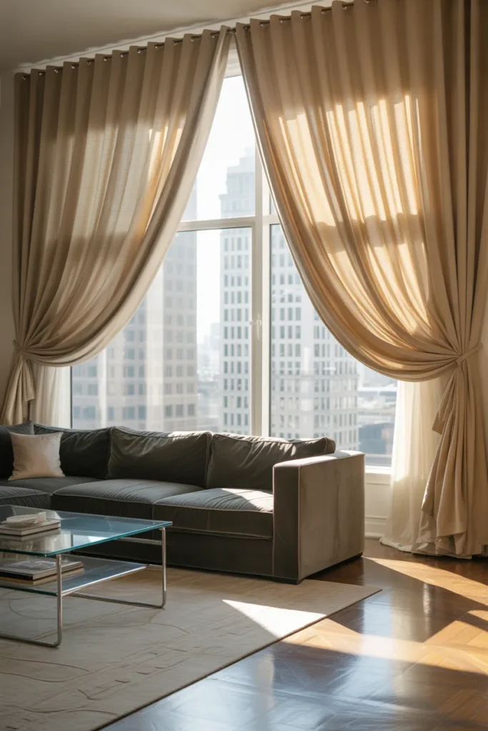 Apartment Living Room with Floor-to-Ceiling Curtains