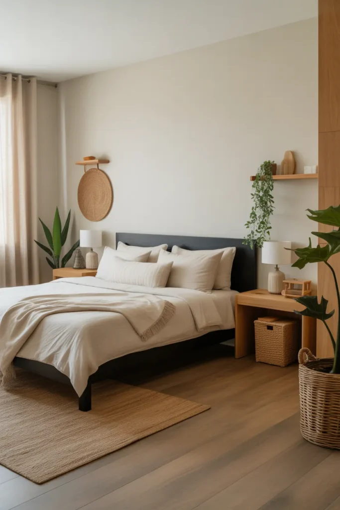  Black Bed Frame and Natural Wood Decor
