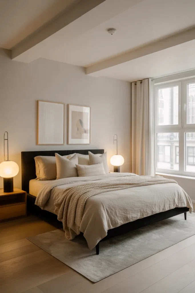   Black Bed Frame with Beige Bedding