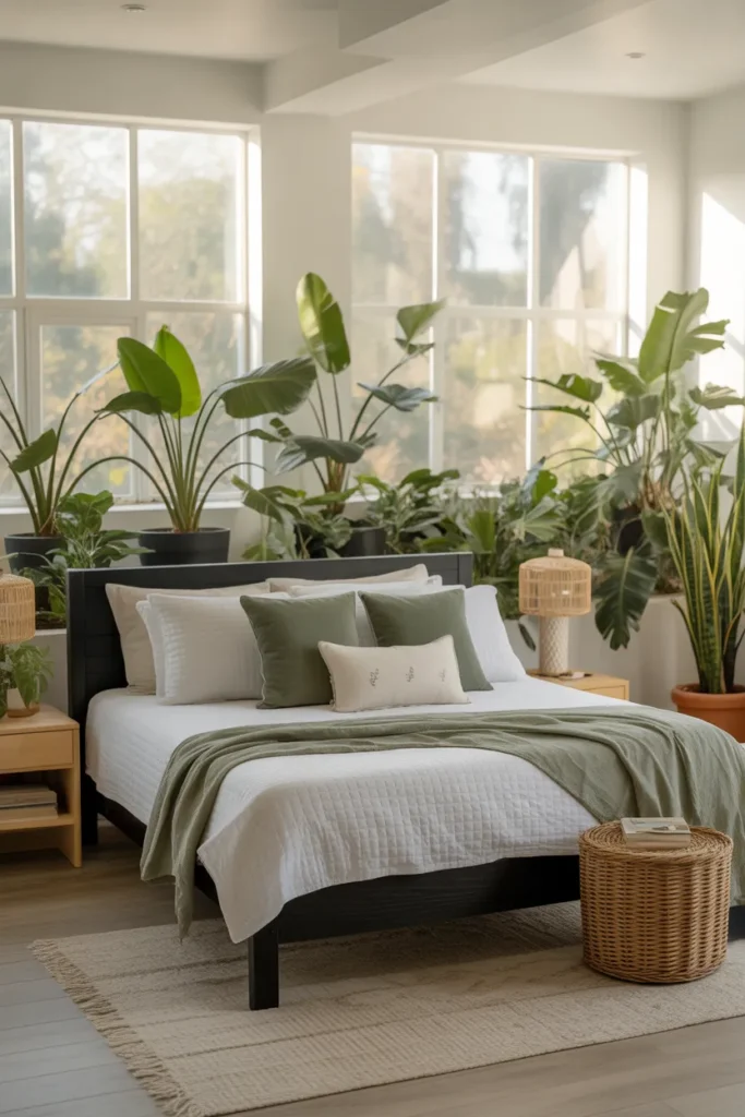  Black Bed Frame with Green Botanical Decor