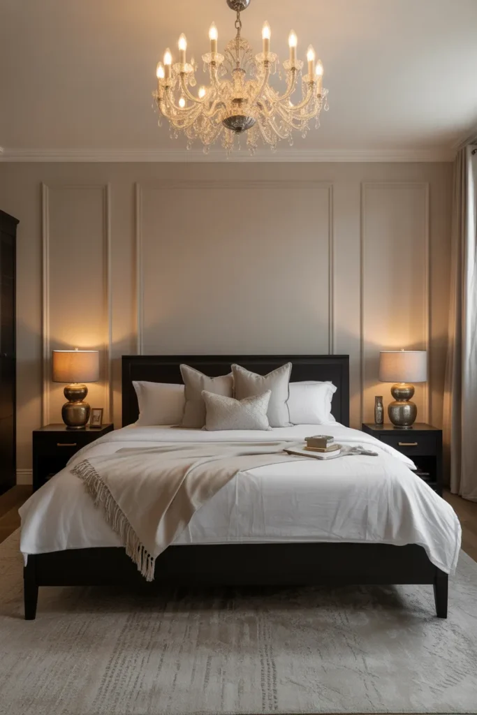  Black Bed Frame with Statement Lighting