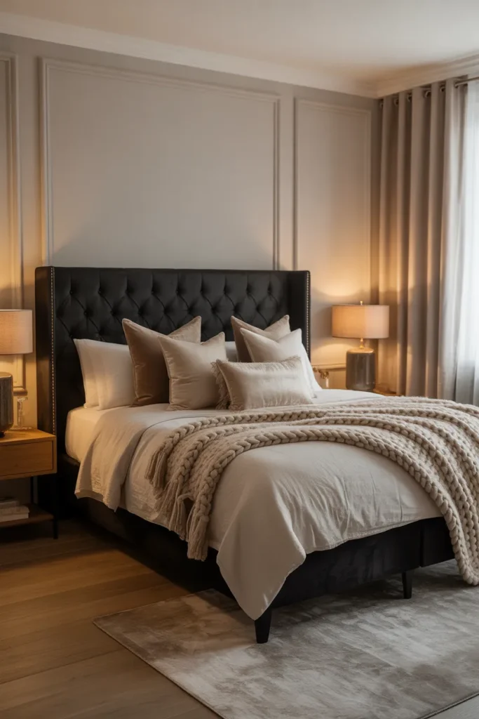  Black Upholstered Bed Frame with Cozy Textures