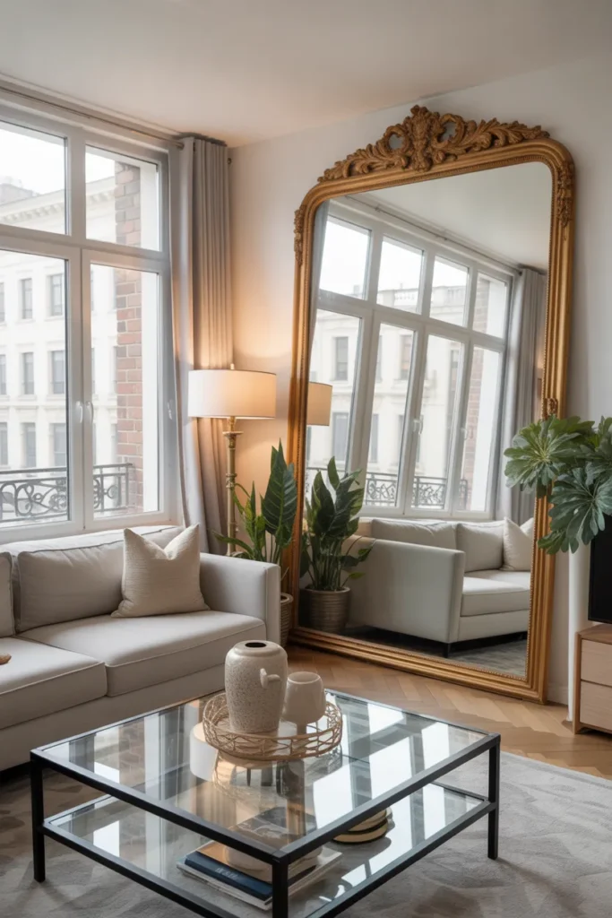 Bright Apartment Living Room with Large Mirrors