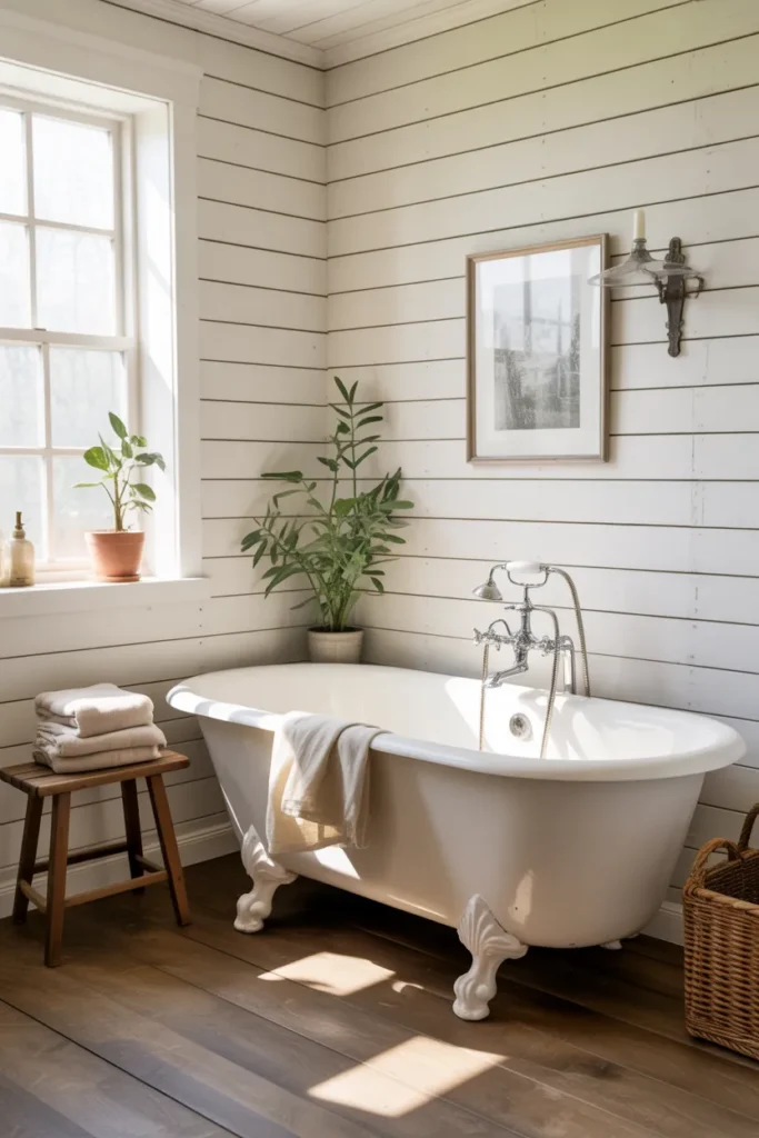 Clawfoot Tub Beside Shiplap Walls