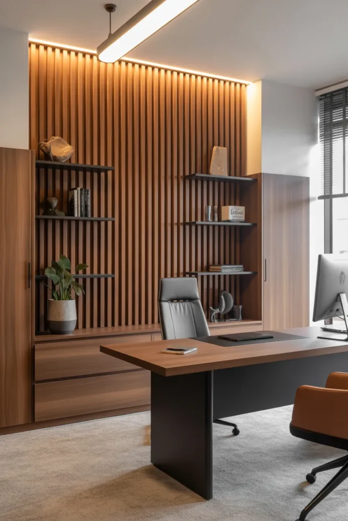 Contemporary Office With Wood Slat Accent Wall