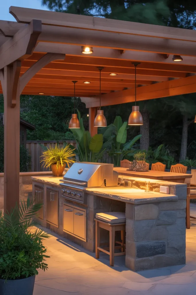 Covered Outdoor Kitchen with Lighting