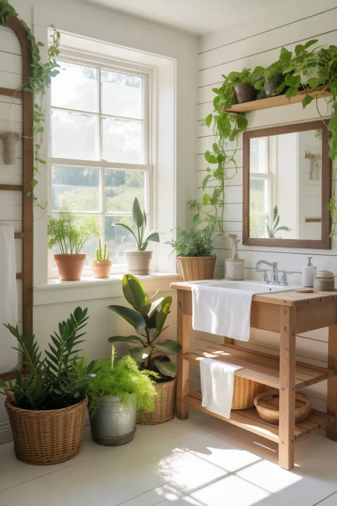 Cozy Farmhouse Bathroom With Greenery