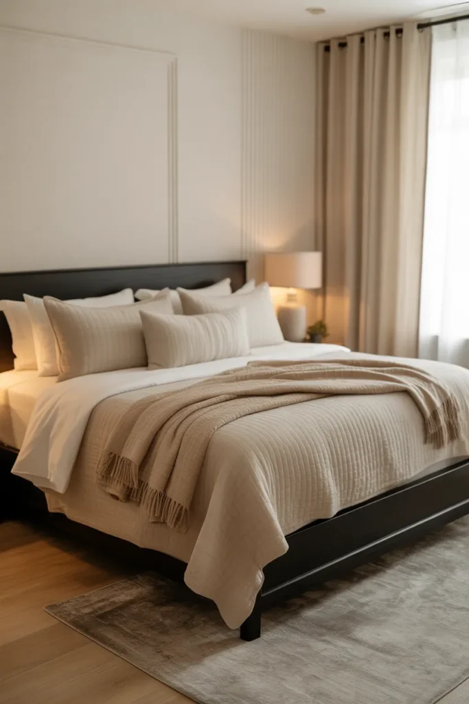  Elegant Black Bed Frame with Layered Linens