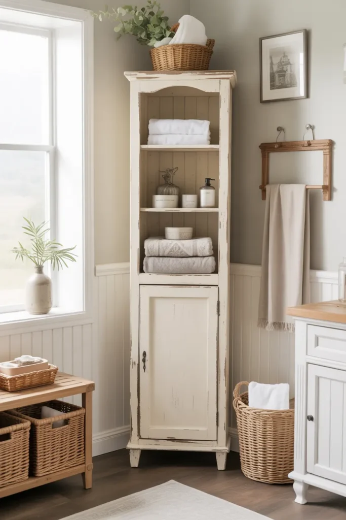 Freestanding Linen Cabinet with Distressed Finish
