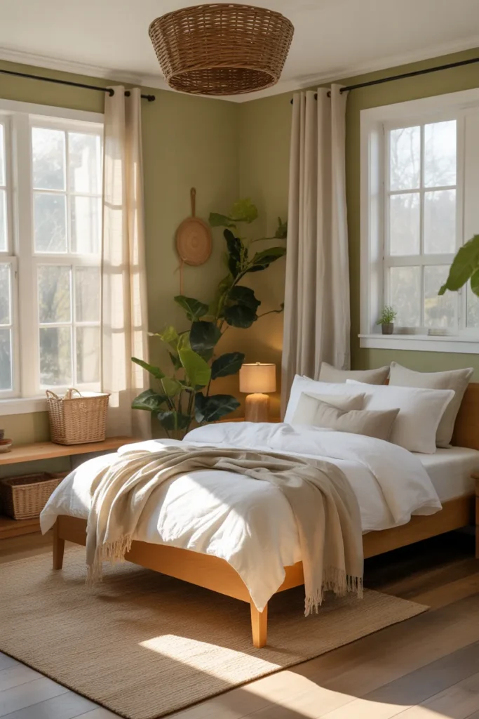  Olive Green Walls with Warm Wood Furniture