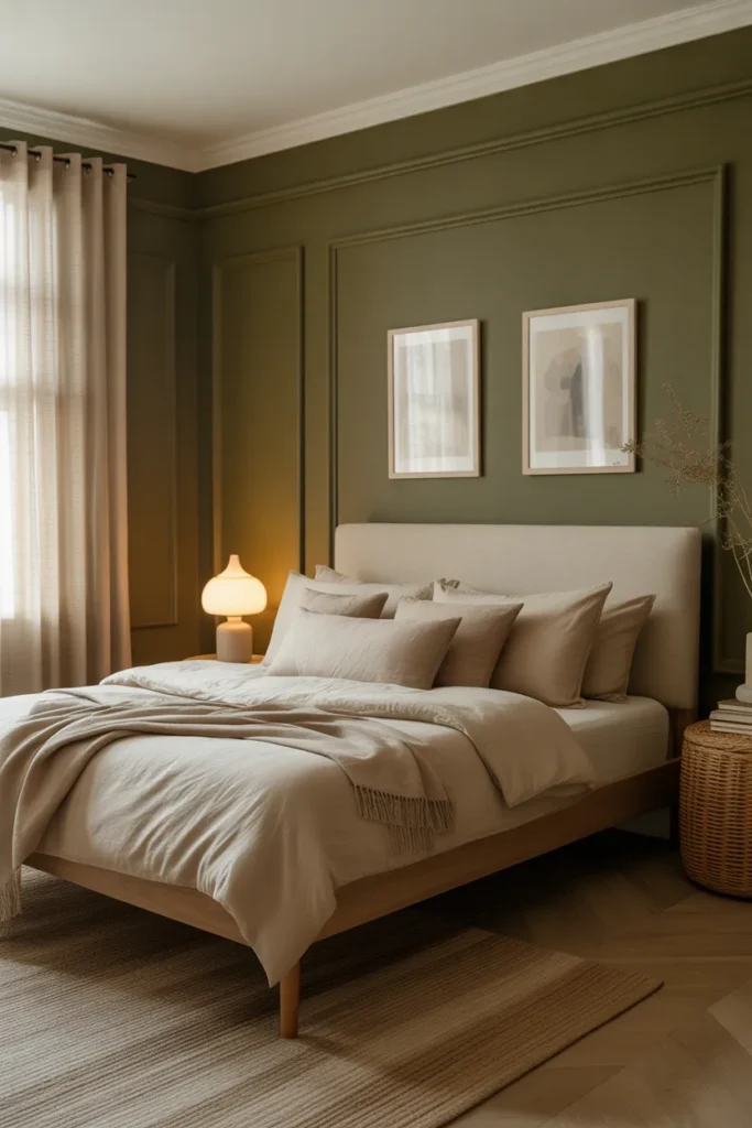  Olive Green Bedroom with Soft Beige Accents