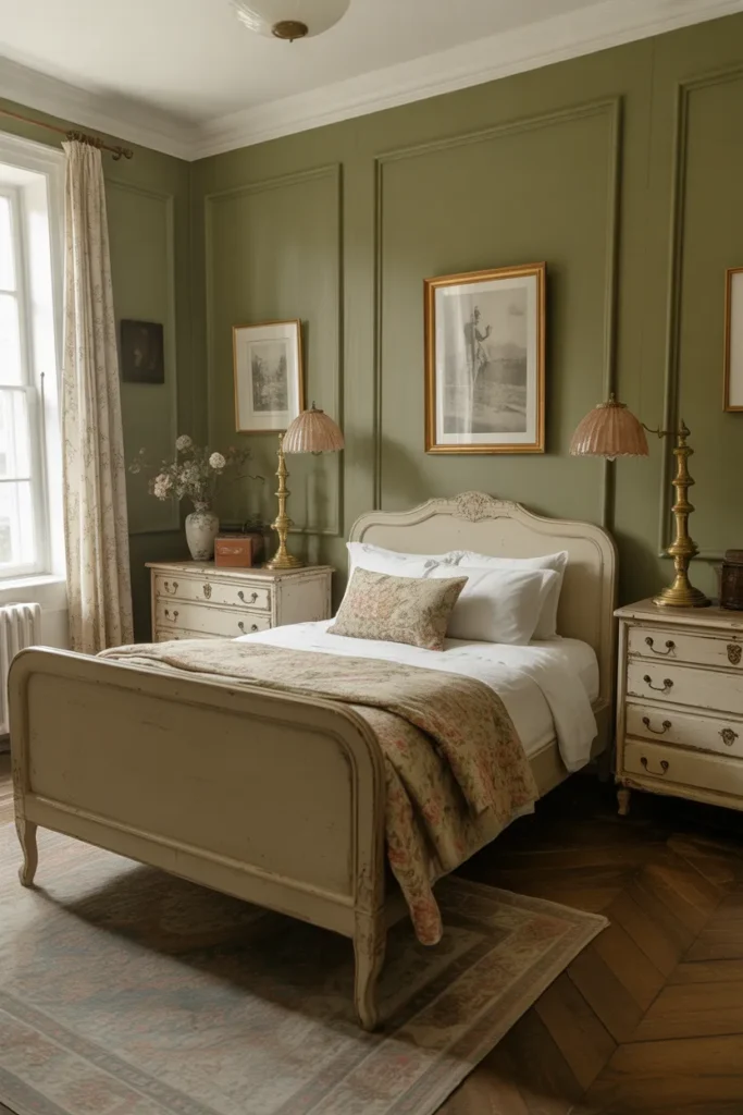  Olive Green Bedroom with Vintage Charm