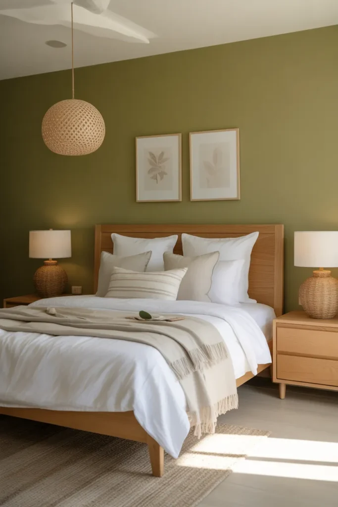  Olive Green Bedroom with Light Oak Furniture