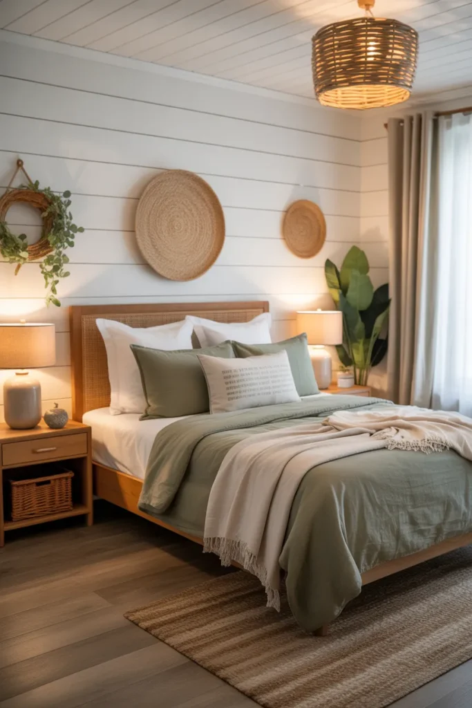  Olive Green Bedroom with White Shiplap Walls