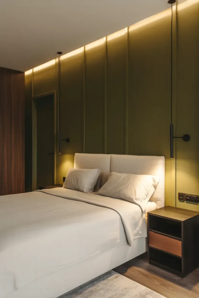  Olive Green Bedroom with Modern Wall Panels