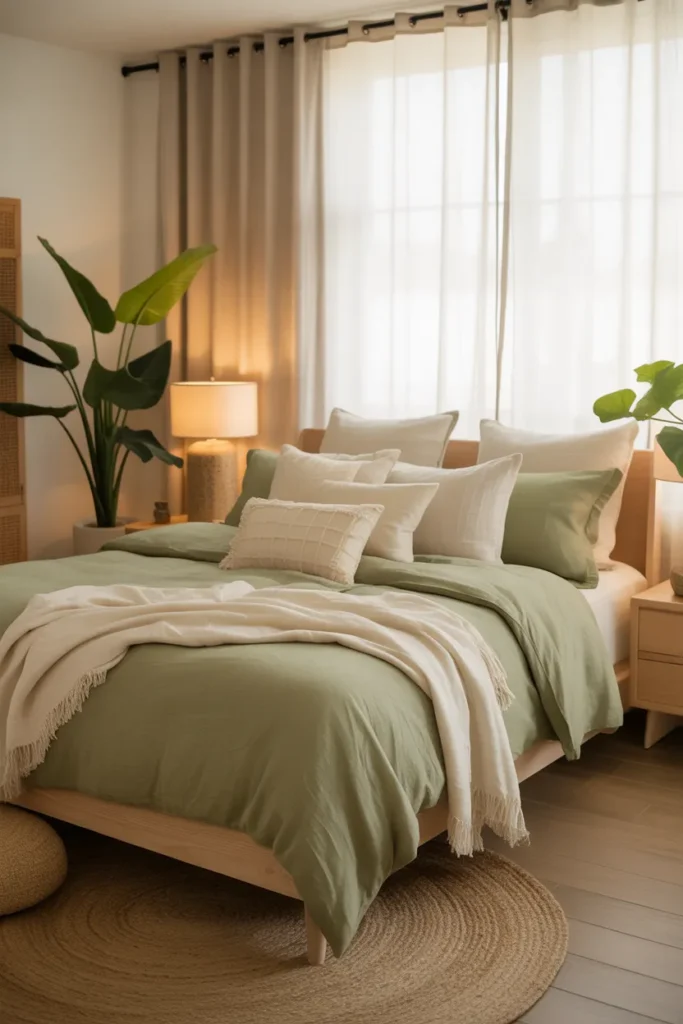  Olive Green Bedroom with Soft Linen Layers