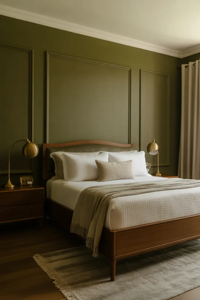   Olive Green Bedroom with Dark Wood Furniture