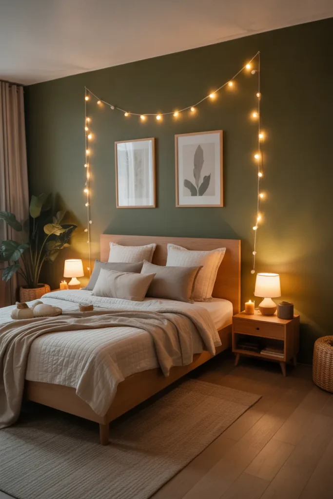  Olive Green Bedroom with Cozy Ambient Lighting