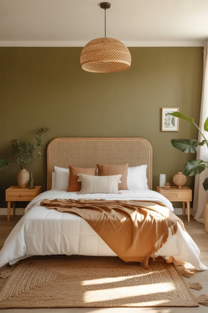  Olive Green Bedroom with Natural Rattan Decor